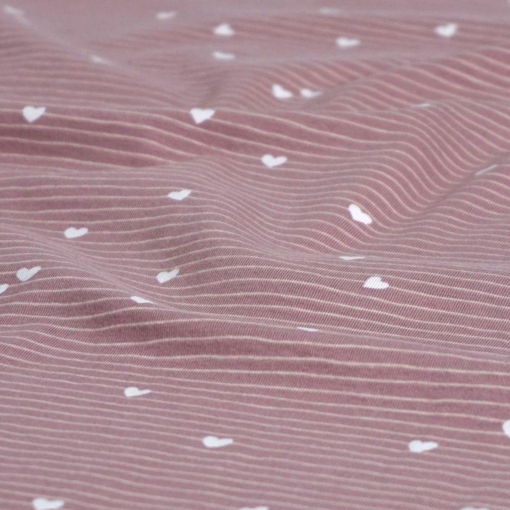 Preview: Baumwolljersey Herzen feine Streifen altrosa